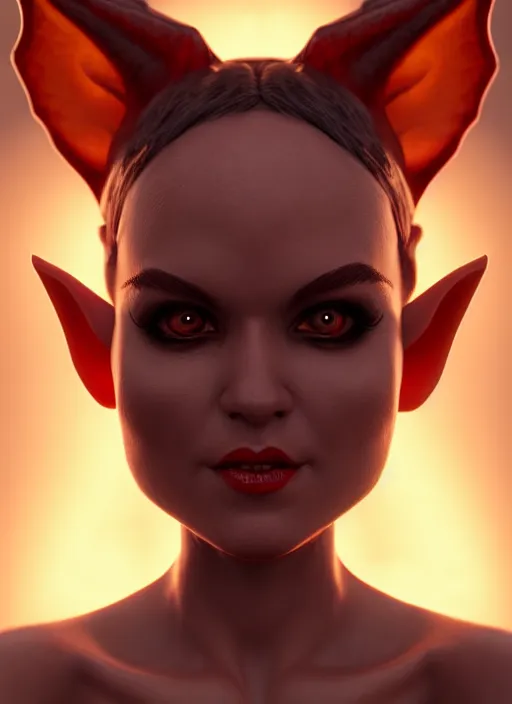 Image similar to imp demon goddess, cute elf ears, strapless dress, character portrait in the style of thomas river and artgerm, cinematic lighting, hyperdetailed, 8 k realistic, symmetrical, global illumination, radiant light,, frostbite 3 engine, cryengine, dof, trending on artstation, digital art, chanel