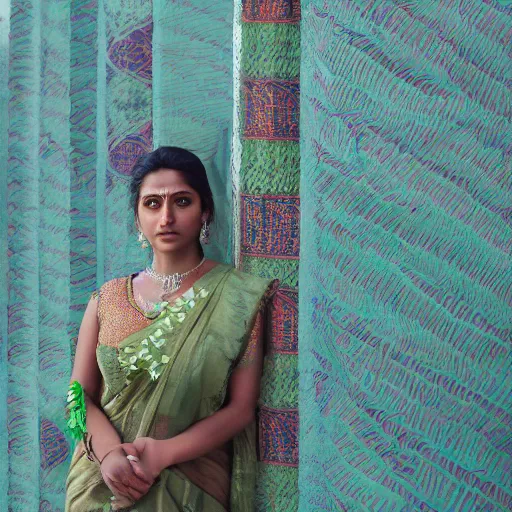 Prompt: close - up view, studio photographic portrait of beautiful indian girl in sari, crystal teal eyes, haunting, dynamic lighting, random outdoor wallpaper background