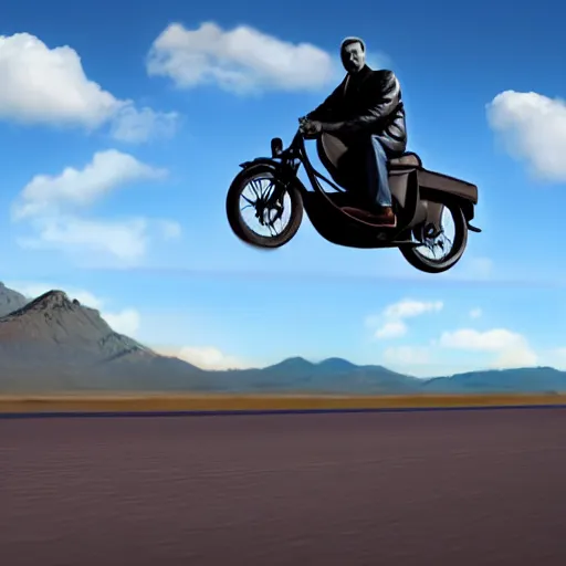 Prompt: a photo of vladimir lenin riding a motorbike, desert road, blue skies, hyper realistic, 4 k