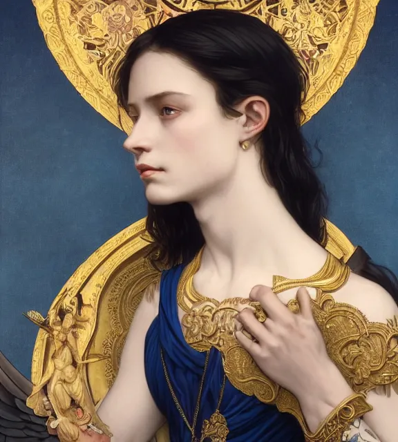 Image similar to god of death, young man, in the underworld, elegant dark blue dress, very detailed, throne, very intricate details, jewelry, gold tattoos, elaborate long black hairstyle, wings, cinematic, artstation, william bouguereau, alphonse mucha, greg rutkowski, rossdraws, octane render