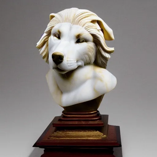 Image similar to a white marble bust of a wolf with gold filigree