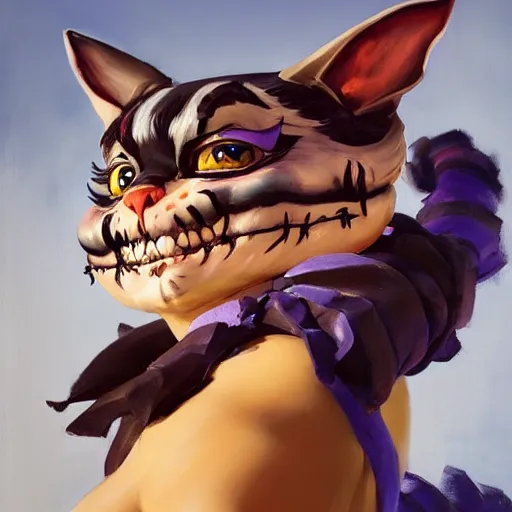 Image similar to greg manchess portrait painting of partially armored cheshire cat from alice in wonderland as overwatch character, medium shot, asymmetrical, profile picture, organic painting, sunny day, matte painting, bold shapes, hard edges, street art, trending on artstation, by huang guangjian, gil elvgren, ruan jia, randy vargas, greg rutkowski