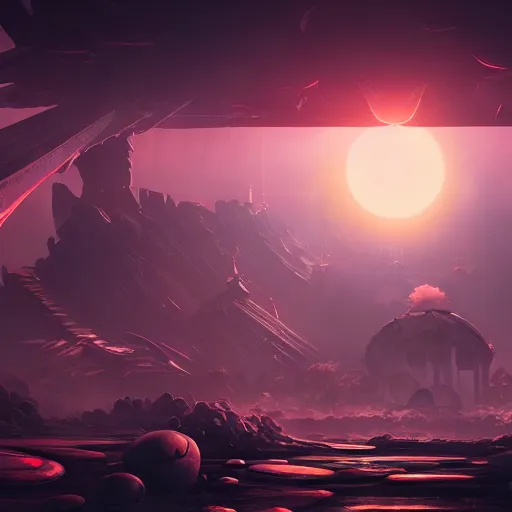 Prompt: beautiful landscape, nier automata, protoss temple, machine planet, pink sun, advanced technology, cinematic lighting, highly detailed, masterpiece, art by bastien grivet