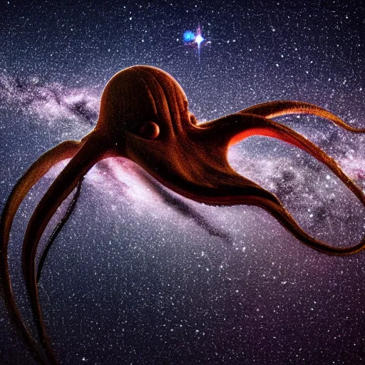 Prompt: a giant octopus made of star dust in floating among the galaxies of the milky way, night sky photography, geo