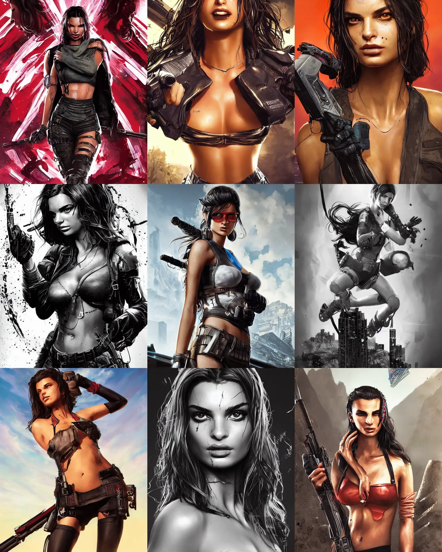 Prompt: Sin city Emily Ratajkowski as an Apex Legends character digital illustration portrait design by, Mark Brooks and Brad Kunkle detailed, gorgeous lighting, wide angle action dynamic portrait