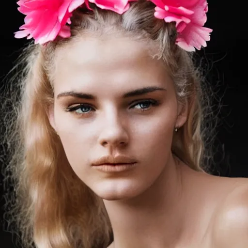 Prompt: vintage photograph of an olive skinned blonde female model in her twenties, her hair pinned up with a pink flower, wearing a designer top, looking content, focused on her neck, photo realistic, extreme detail skin, natural beauty, no filter, slr, golden hour, 8 k, high definition, selfie