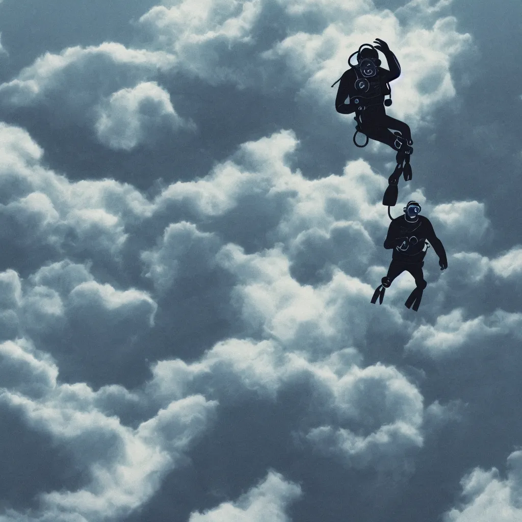 Image similar to a scubadiver floating above the clouds, closeup, digital illustration