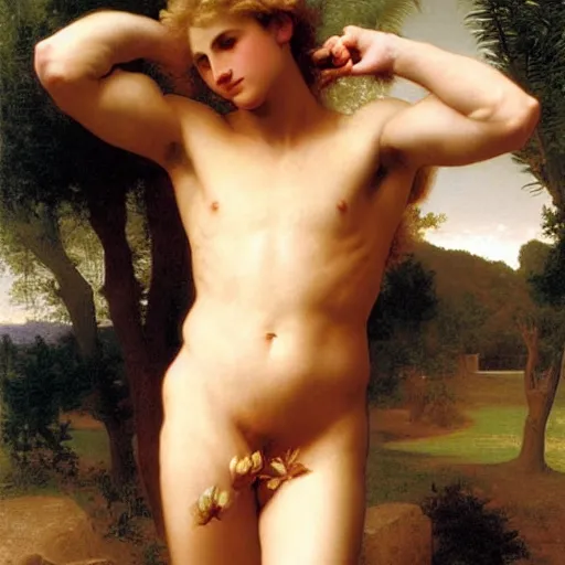 Prompt: Painting of a blond male Venus Apollo. Art by william adolphe bouguereau. During golden hour. Extremely detailed. Beautiful. 4K. Award winning.