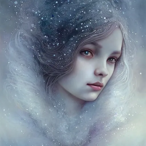 Image similar to Beautiful Delicate Detailed full head portrait of snow woman, With Magical grey eyes by Tom Bagshaw, Bastien Lecouffe Deharme, Erik Johansson, Amanda Sage, Alex Grey, Alphonse Mucha, Harry Clarke, Josephine Wall and Pino Daeni, Delicate winter frozen creature With long white windy Hair and Magical Sparkling Eyes, Magic Particles; Magic Swirls, in a oit of this world magical frozen landscape, 4K; 64 megapixels; 8K resolution concept art; detailed painting; digital illustration; hyperrealism; trending on Artstation; Unreal Engine Photorealistic, lifelike, Unreal Engine, sharp, sharpness, detailed, 8K