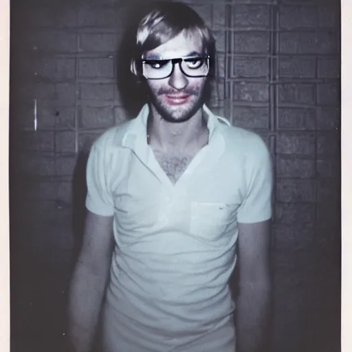 Prompt: jeffrey dahmer in a nightclub with glowsticks, late 7 0 s polaroid photo