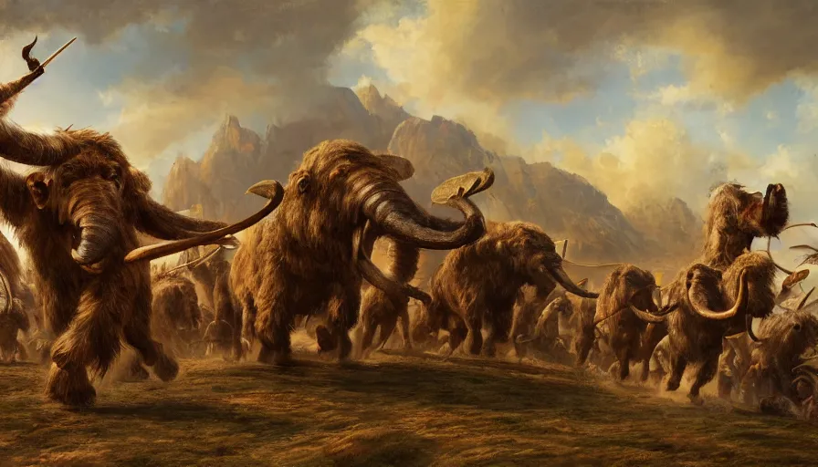 Image similar to wide scene of cavemen riding wooly mammoths into battle, academic style painting, full resolution