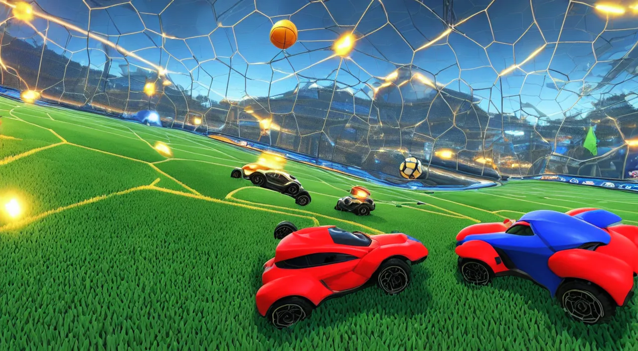 Prompt: a game of rocket league where the two cars have to stop due to a group of lost japanese tourists wandering across the field