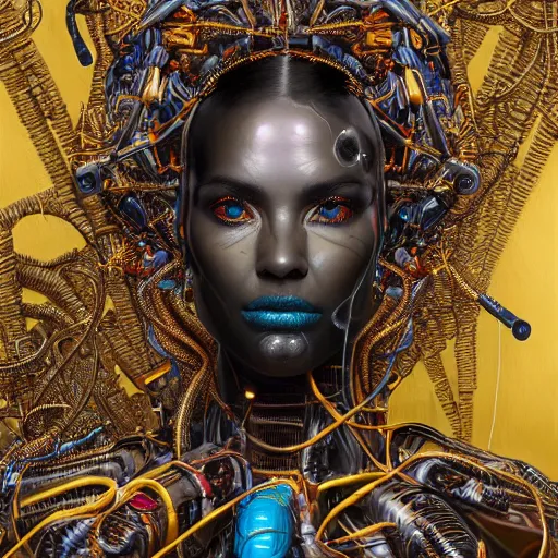 Prompt: vibrant portrait of beautiful black plastic skin cyborg woman by sandra chevrier laurie greasley gustave dore ron english, cybernetics, black and golden wires, hyper realistic detailed intricate render, hypermaximalist, ornate, epic composition, 4 k 8 k, cryengine octane, sharp focus, concept art, masterpiece