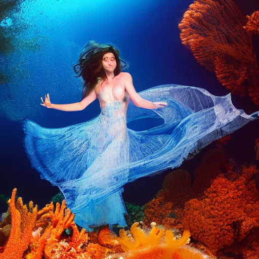 Image similar to woman dancing underwater wearing a flowing dress made of blue, magenta, and yellow seaweed, delicate coral sea bottom, swirling silver fish, swirling smoke shapes, cycles render, caustics lighting from above, cinematic, hyperdetailed