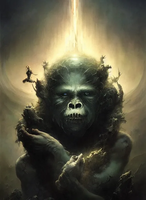 Image similar to shackled in the void of heaven, frank frank frazetta and cgsociety, stunning god sasquatch, charlie bowater and tom bagshaw, insanely detailed, artstation, space art, atoms surrounded by skulls, death, and spirits deep under the haze smaoke, horror, sci - fi, surrealist painting, by peter mohrbacher