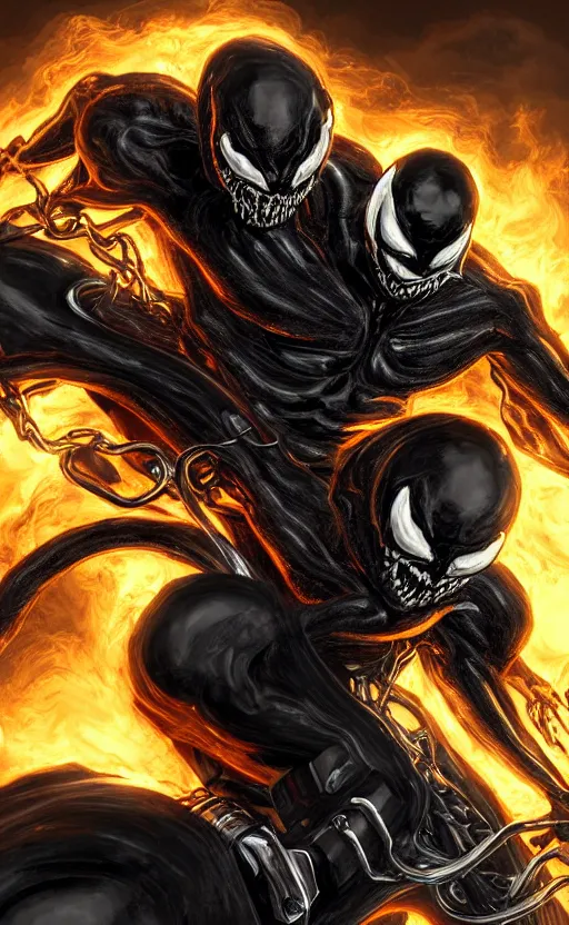 Image similar to venom as ghost rider on a motorcycle, dynamic lighting, photorealistic fantasy concept art, trending on art station, stunning visuals, terrifying, creative, cinematic