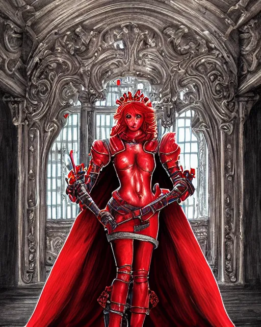 Image similar to redhead queen knight in red armor, inside grand hall in castle with rococo aesthetic, exposed beating heart in chest, crown, face with scars, dark souls 3, intimidating, ominous, evil, high fantasy, intricate detail, digital painting, artstation, concept art, smooth, sharp focus, illustration, art by yoshitaka amano and monia merlo and giger and wlop