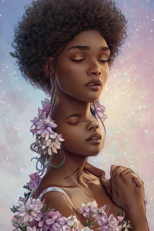 Image similar to ultra realistic illustration, beautiful swahili girl with flowers blossoming from her afro, in low v neck dress, snowy, elegant, highly detailed, digital painting, concept art, smooth, sharp focus, illustration, art by artgerm and greg rutkowski and alphonse mucha