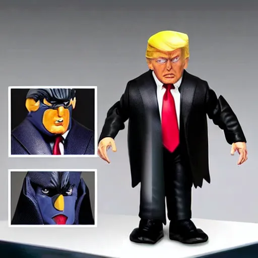 Prompt: action figure of Trump as Batman with cowl shaped like hair by Hasbro