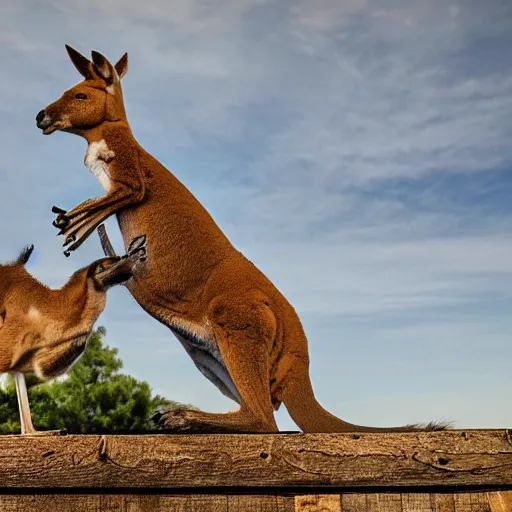 Prompt: a Muscular kangaroo and a dog look at each other, blue sky, garden, highly detailed, high quality, award winning