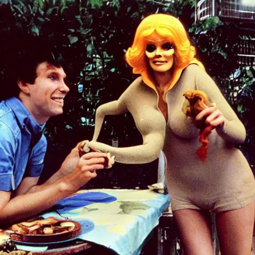 Image similar to archival photo of a woma and , a puppet that looks like Caspar the Friendly Ghost, in a sidewalk cafe, 16mm film soft color, earth tones and some primary colors 1976, archival footage, in style of doris wishman russ meyer, woman looks like lauren hutton