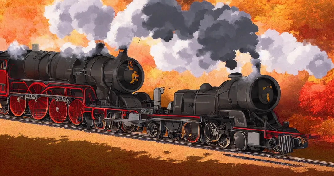 Image similar to side close - up view of a steam train, autumn light, smoke, beautiful, by studio ghibli, by tomono yoshiyuki, digital art, concept art, smooth, sharp focus, illustration