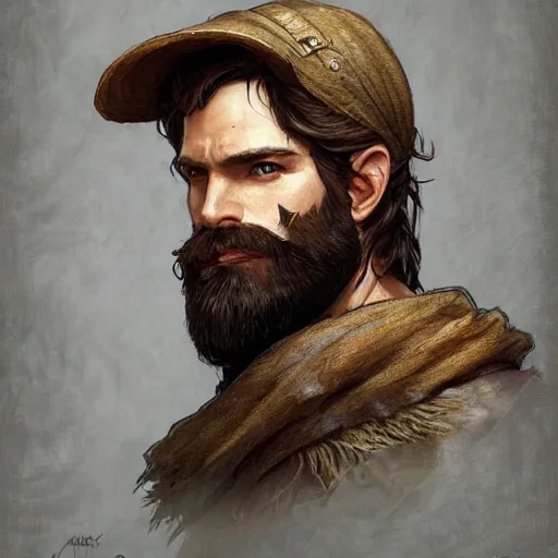 Image similar to portrait of a rugged bearded male ranger, D&D, fantasy, intricate, elegant, highly detailed, digital painting, artstation, concept art, smooth, sharp focus, illustration, art by artgerm and greg rutkowski and alphonse mucha