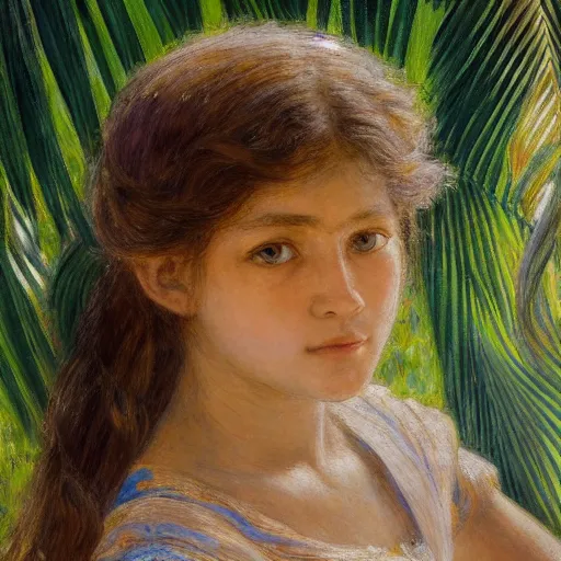 Image similar to a ultradetailed beautiful painting of a girl in the amazonas palace balustrade designed by jules bastien - lepage, tarsila do amaral, frank weston and gustave baumann, beach, trending on artstation, mediterranean, palm trees, hyper detailed face, sharp focus, soft light, 8 k 4 k