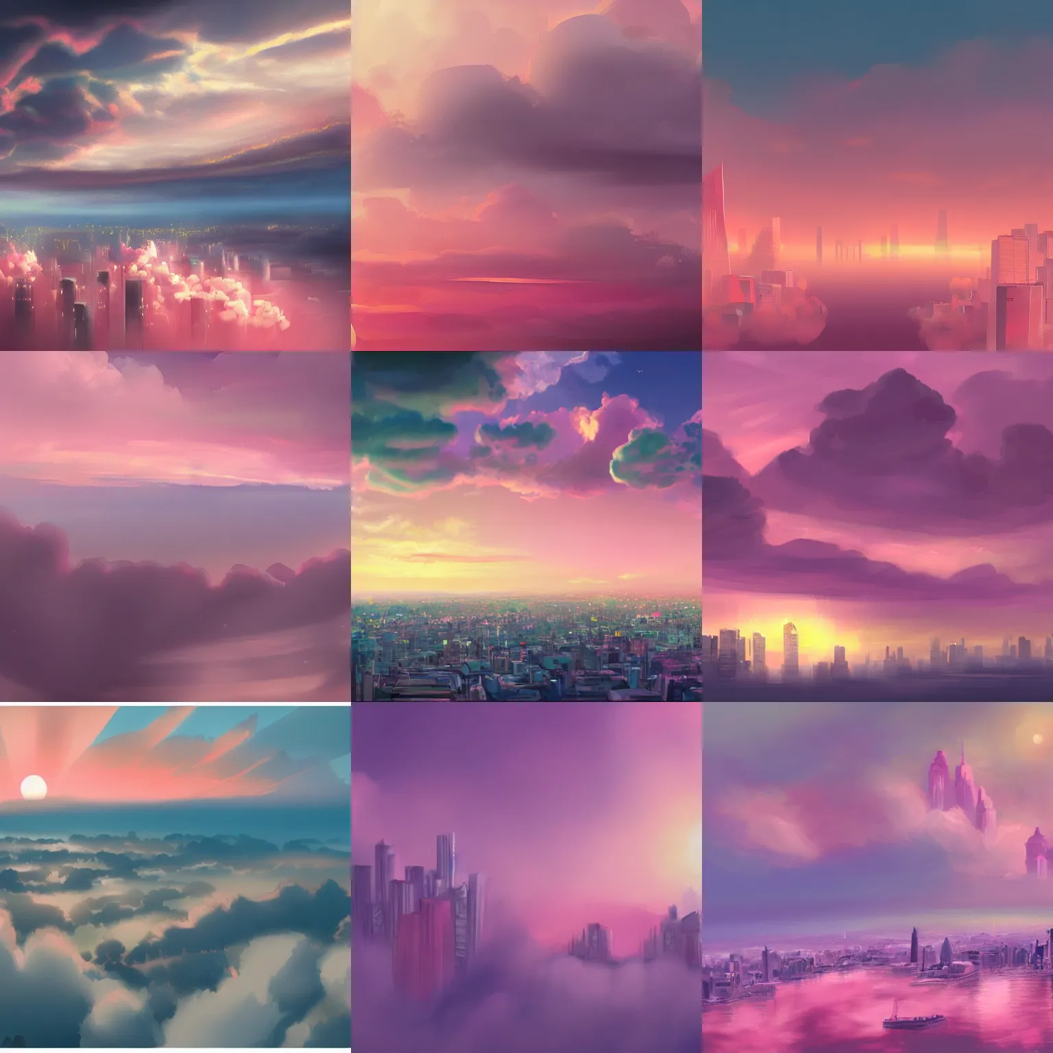 Prompt: a beautiful city floating in the clouds during a pink sunset, concept art, digital painting