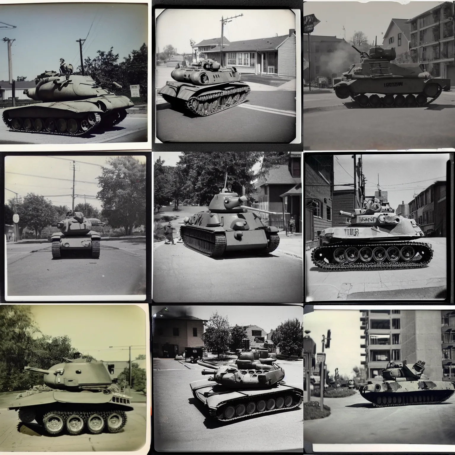 Prompt: old polaroid from 1 9 5 2 depicting an intricate hover tank, on a street, in an american suburb, sunny day