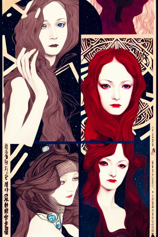 Image similar to triad of muses, representing the 3 winter months of december, january and february, style mix of æon flux, shepard fairey, botticelli, john singer sargent, pre - raphaelites, shoujo manga, harajuku fashion, stark landscape, muted dark colors, superfine inklines, ethereal, 4 k photorealistic