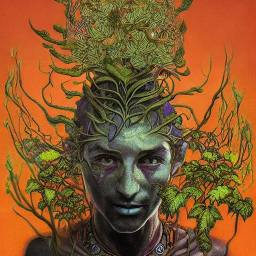 Image similar to Psychedelic Physique Portrait of a Shaman Guy wearing an ivy costume plant disguised as a human standing atop a red clay pot greg rutkowski jen bartel peter mohrbacher anna podedworna arthur rackham salvador dali octavio ocampo jacek yerka winslow homer norman rockwell uta natsume prismacolor tombow quill