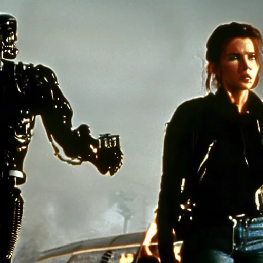 Image similar to the final scene from the terminator 2 movie but replaced with female terminators.