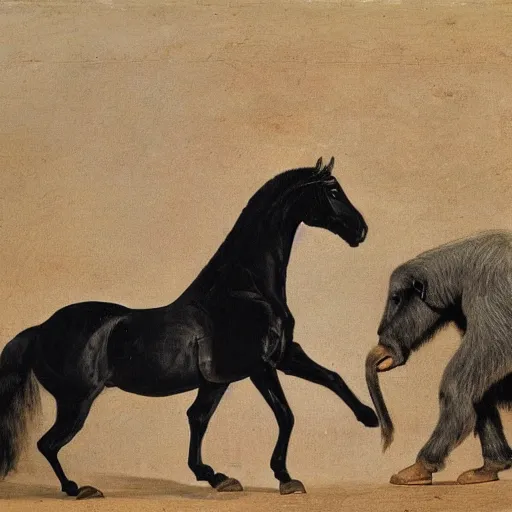 Prompt: a black horse and a white ape