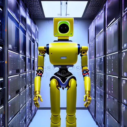 Image similar to hyperrealism colour detailed photography by stanley kubrick of highly detailed stylish humanoid robot in sci - fi style by gragory crewdson and katsuhiro otomo, mike winkelmann with many details by josan gonzalez working at the highly detailed data center by mike winkelmann and laurie greasley hyperrealism stock photo on dsmc 3 system rendered in blender and octane render