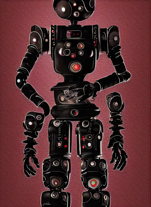 Image similar to full body portrait of a gothic style industrial punk robot with kanji tattoos and decals wearing a digital pixelated kimono, intricate design, photo - realistic, octane render, dark colour palette, ultra fine detailed, character design, trending on artstation