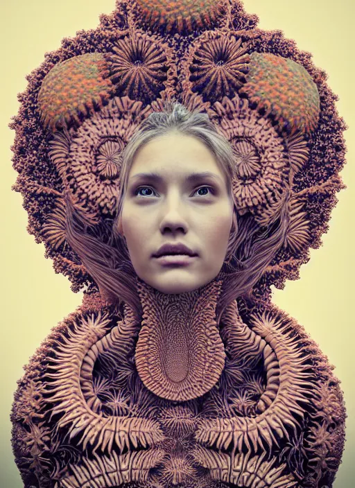 Prompt: ridiculously beautiful young woman tripping, coral fractals radiating from head with sacred geometry, natural, awakening, symmetrical, in the style of ernst haeckel, effervescent, warm, photo realistic, epic and cinematic,