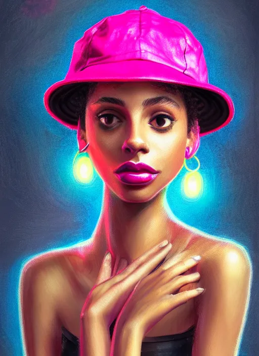 Image similar to portrait of teenage vanessa morgan with bright pink hair, black girl, vanessa morgan, curly pixie cut hair, wearing newsboy cap, newsboy cap, hoop earrings, intricate, elegant, glowing lights, highly detailed, digital painting, artstation, concept art, smooth, sharp focus, illustration, art by wlop, mars ravelo and greg rutkowski