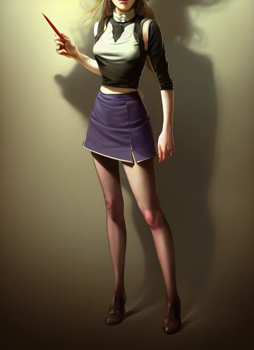 Image similar to portrait of a full body of beautiful young female secretary, d & d, sleeveless turtleneck, pencil miniskirt, fantasy, flat lighting, intricate, highly detailed, digital painting, artstation, concept art, smooth, sharp focus, illustration, art by simon bisley and greg rutkowski and alphonse mucha, natural tpose