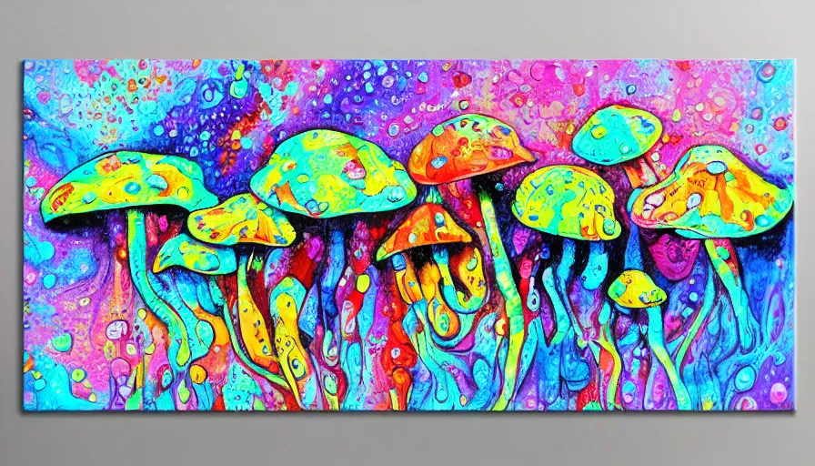 Image similar to trippy mushrooms, sweet dreams, painting on canvas, watedrops, water droplets, acrylic painting, acrylic pouring, painting, influencer, artstation - h 8 0 0