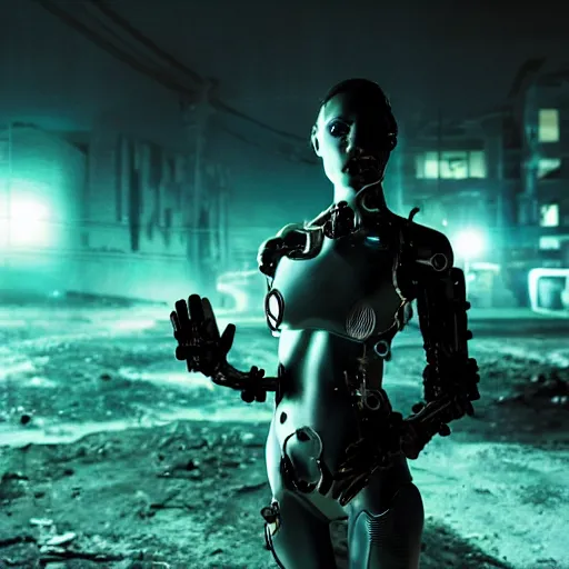 Prompt: photo of a biomorphic female cyborg in a desolate abandoned post-apocalyptic industrial city at night, moody blue lighting