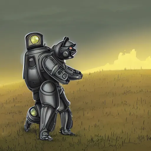 Prompt: photorealistic anthropomorphic shiba inu on hill, wearing cyber robotic black exoskeleton power armor without helmet, holding laser gatling gun, post apocalyptic horror photorealistic foggy graveyard background anthropomorphic shiba inu on hill