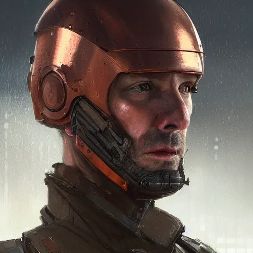 Image similar to Portrait of a man by Greg Rutkowski, he is about 40 years old, short copper hair, attractive, military composure, younger brother vibes, expression of sorrow and disbelief, he is wearing futuristic tactical gear, highly detailed portrait, digital painting, artstation, concept art, smooth, sharp foccus ilustration, Artstation HQ.