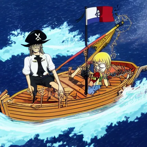 Image similar to emmanuel macron in a pirate boat, in One Piece Anime Series, 4k Resolution.