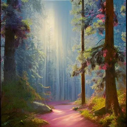 Prompt: solace, peaceful, clouds, beautiful, woods, trees, pine, nice view, gradient of pink and blue, mystical realistic poster with shaded lighting by craig mallismo, artgerm, jeremy lipkin and michael garmash, radiant light, detailed and complex environment, city, utopia, spirituality, sacred geometry, with implied lines