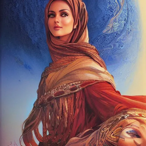 Image similar to a beautiful arabian woman in the sahara desert by karol bak, ayami kojima, artgerm, arabian beauty, blue eyes, smile, concept art, fantasy