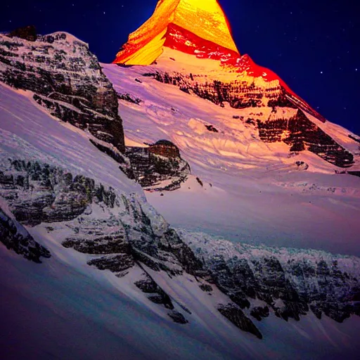 Image similar to an epic photo at nighttime of the matterhorn in the colors of indian flag, projection, illuminated on the matterhorn mountain at night