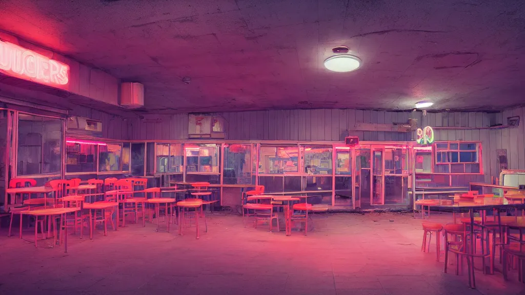 Image similar to the inside of an abandoned 5 0's diner at night, by lee madgwick, pink and orange neon lights, highly detailed interior, artstation trending, cryenging 8 k uhd