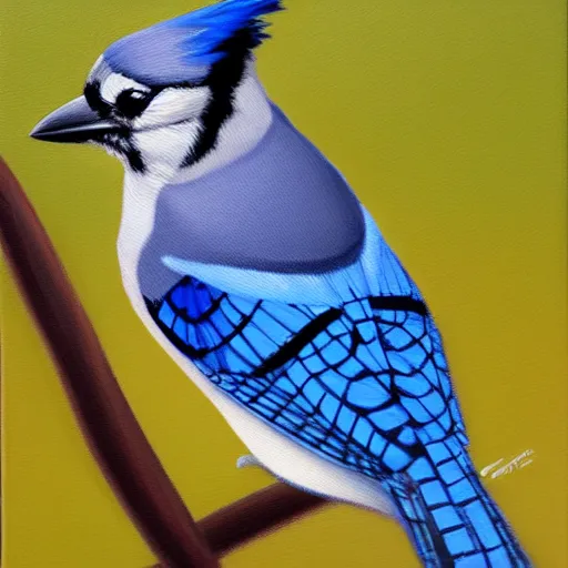 Prompt: a blue jay oil painting.