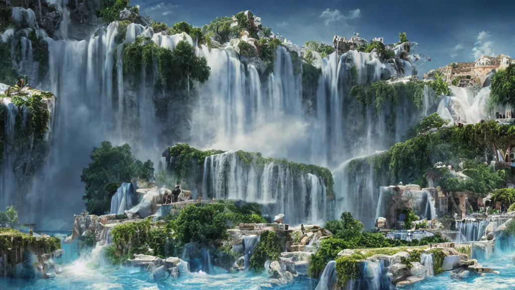 Image similar to ancient greek marble city in the clouds surrounded by a giant waterfalls, gold trimmings, clear blue water fountain, vines and blue foliage, matte painting, octane render, cinematic camera, bloom, blizzard cinematic,